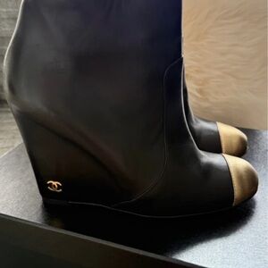CHANEL Black and Gold Wedge Shoes